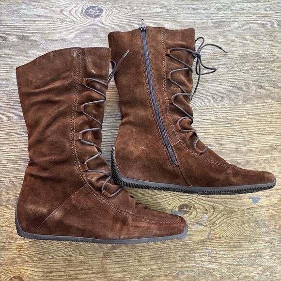 Elle Brown Chestnut Suede Womens Size 7-7.5 Boot Lace Up Square Toe Mid Calf - Picture 7 of 8